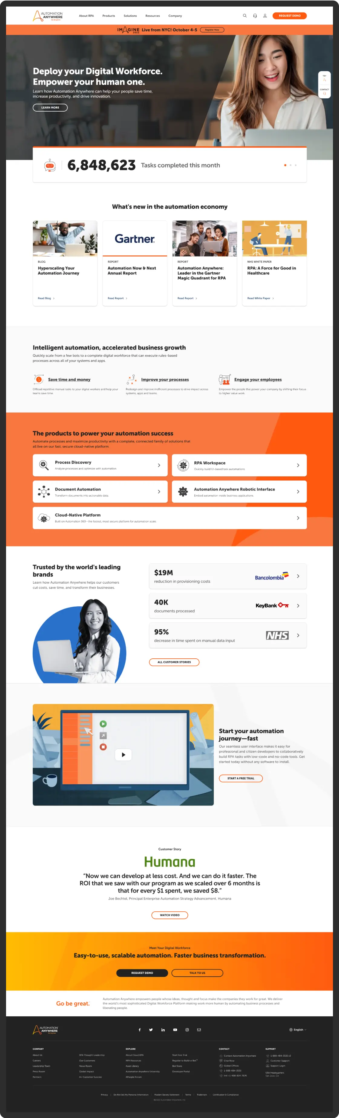 Full page screenshot of the redesigned Automation Anywhere home page