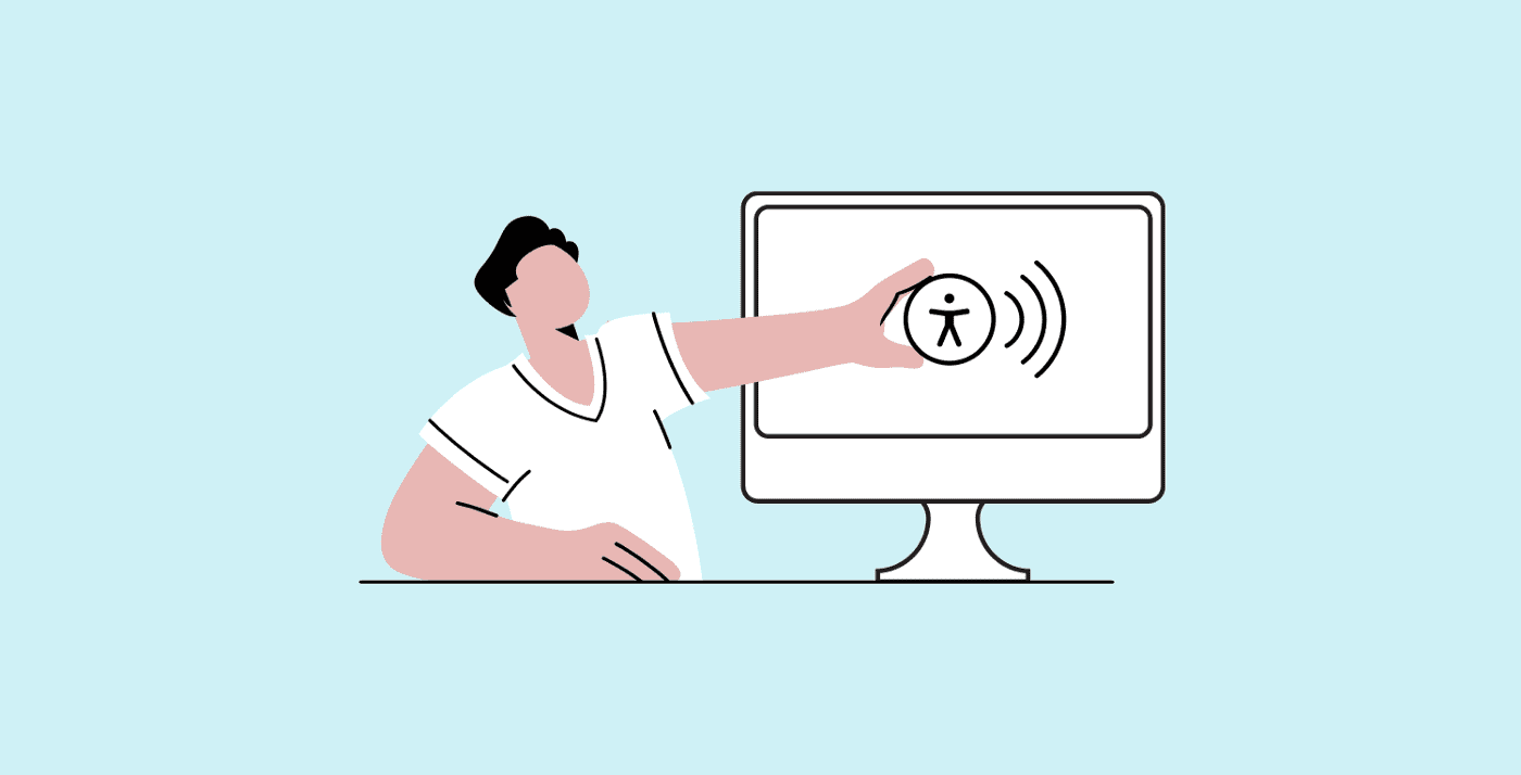Illustration showing a user interacting with a screen. The screen contains an “accessibility” icon, indicating a screenreader.