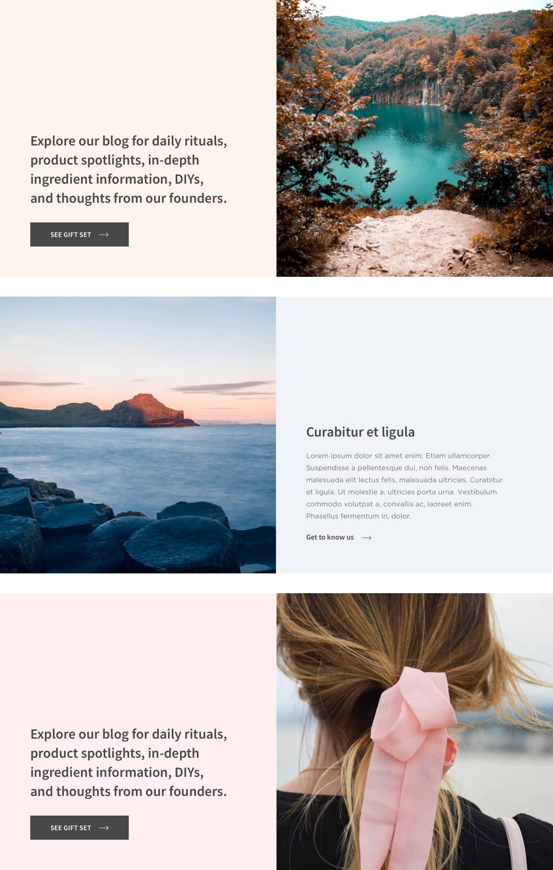 Variations of CTA module for the EO website, showcasing engaging photography, branded copy, and clear calls to action with various button styles.