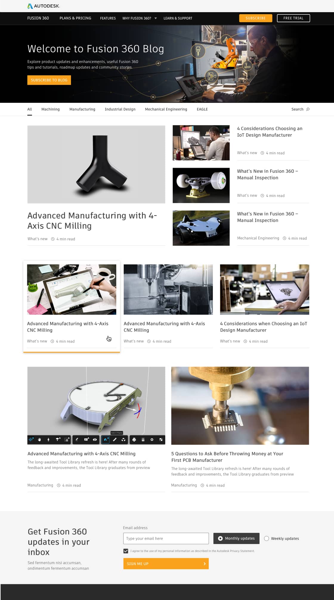 Screenshot of Fusion360 Blog page, showing easily browseable categories