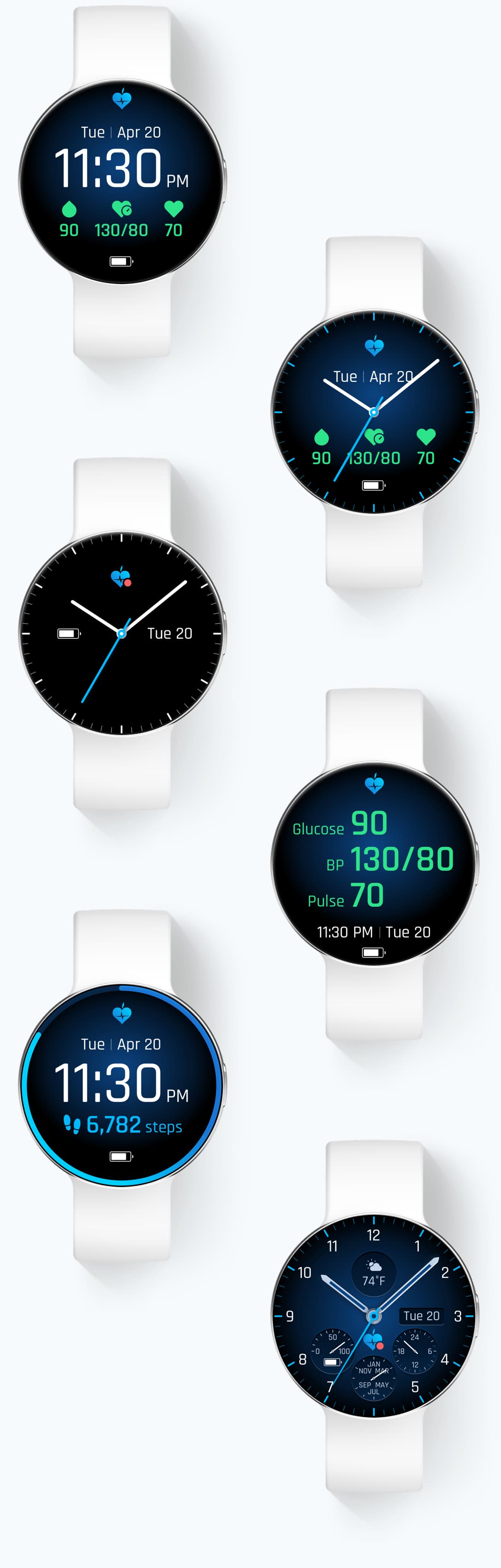 Renderings showing various custom watch faces a user can create and customize