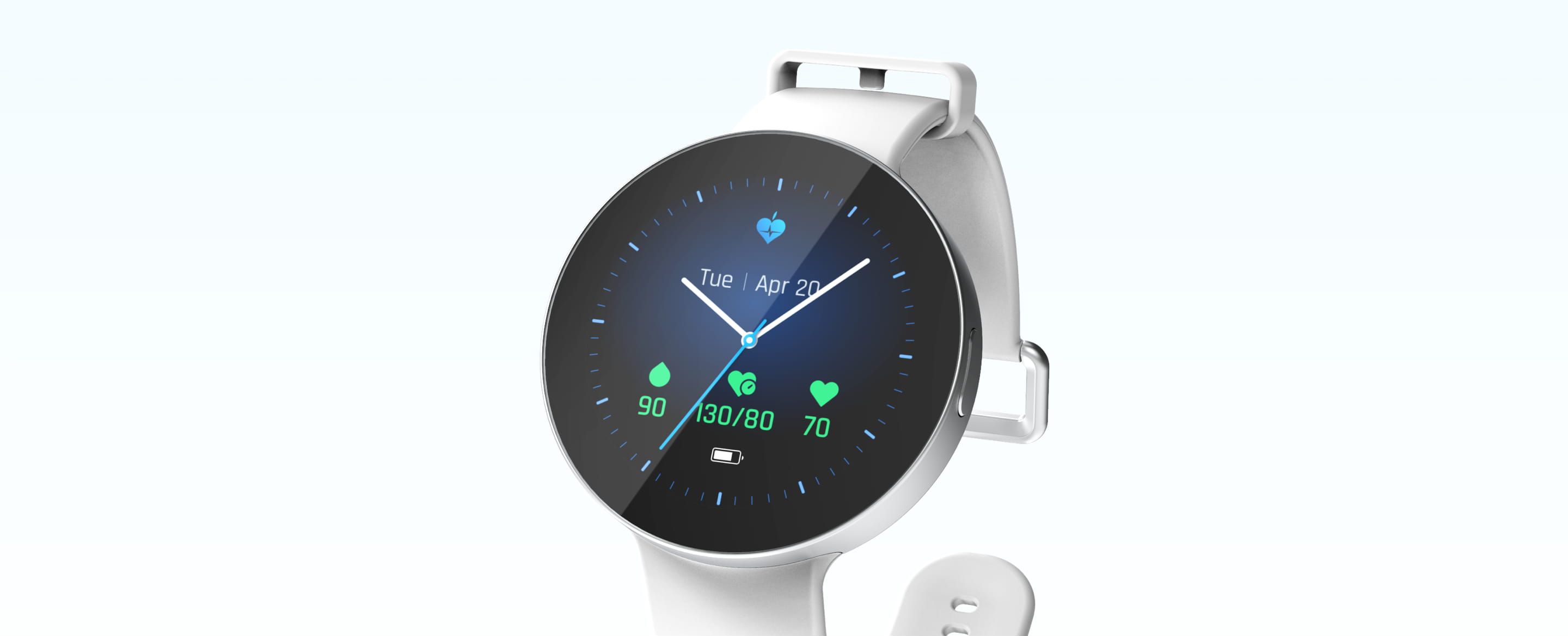 Rendering of LifePlus glucose-monitoring smart-watch, showing watch face