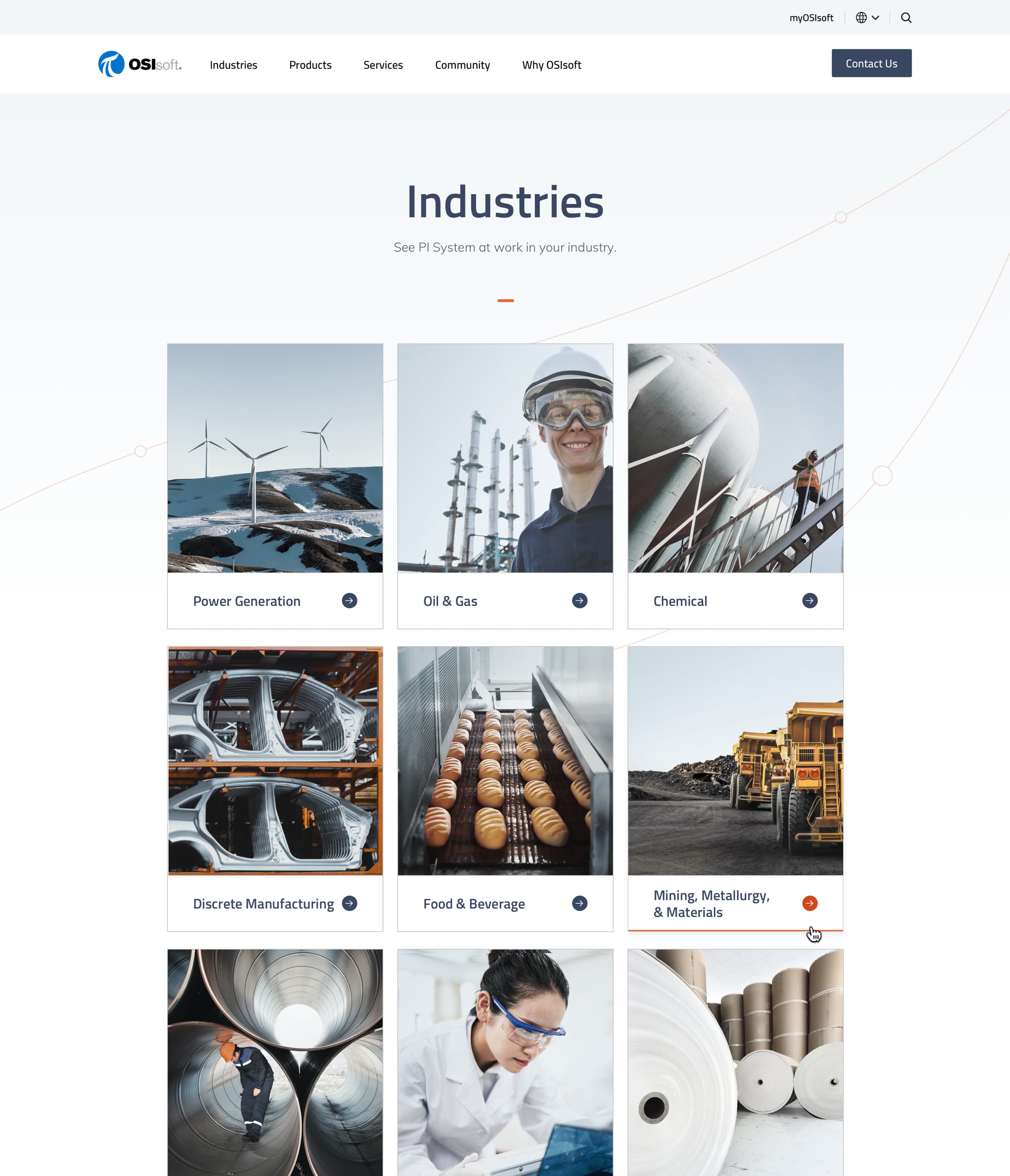 Screenshot of the Industries page we built for OSIsoft, showing the many industries and sectors they cater to.